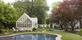 Mountain Brook garden with a pool and greenhouse