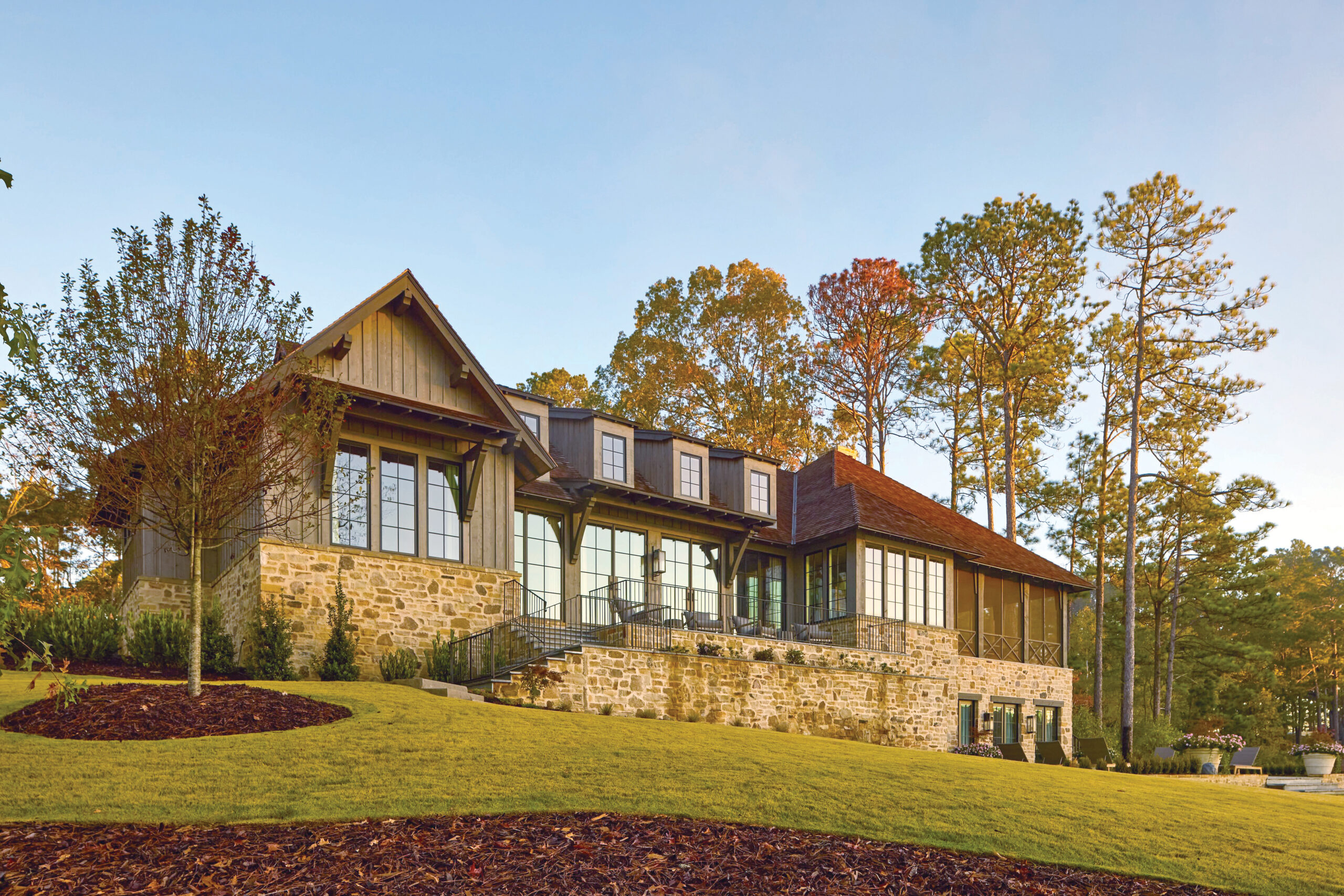 Laurin White Lake Martin Home Francis Bryant custom stone and wood exterior architecture.