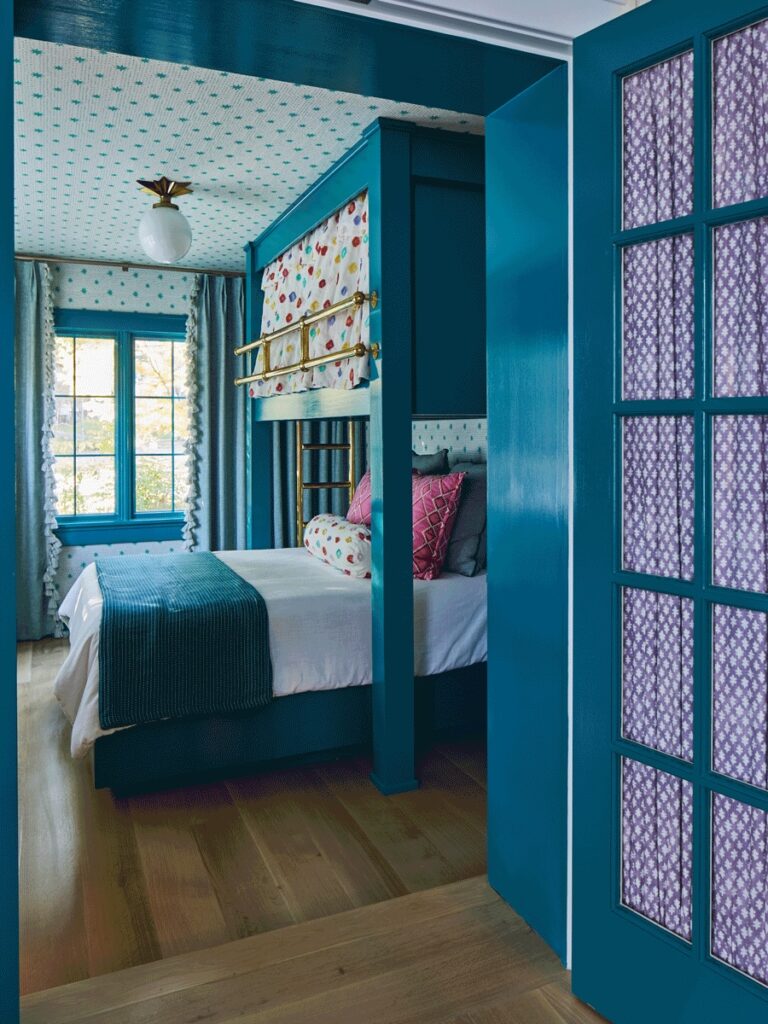 Twin girls’ jewel-box bedrooms by Marianne Strong with layered wallpaper and patterns, Homewood project.