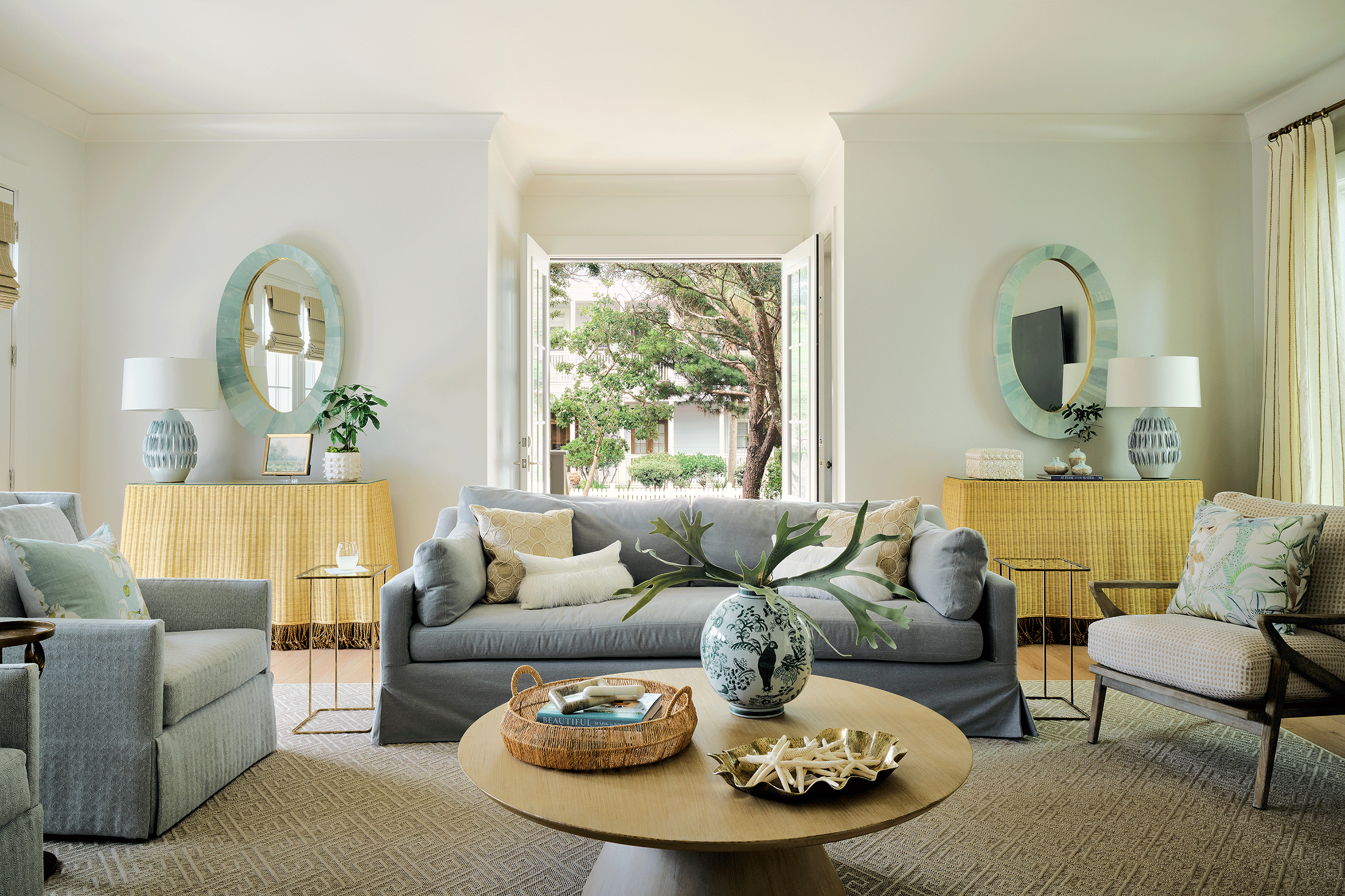 Light-filled beach house entryway  designed for smooth guest traffic flow.