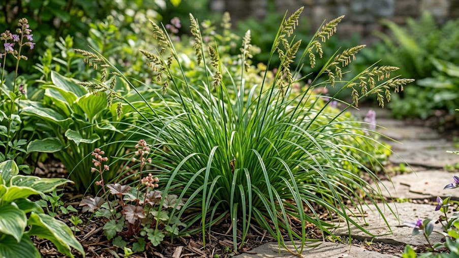 Cherokee Sedge plants acting as a lush green garden border