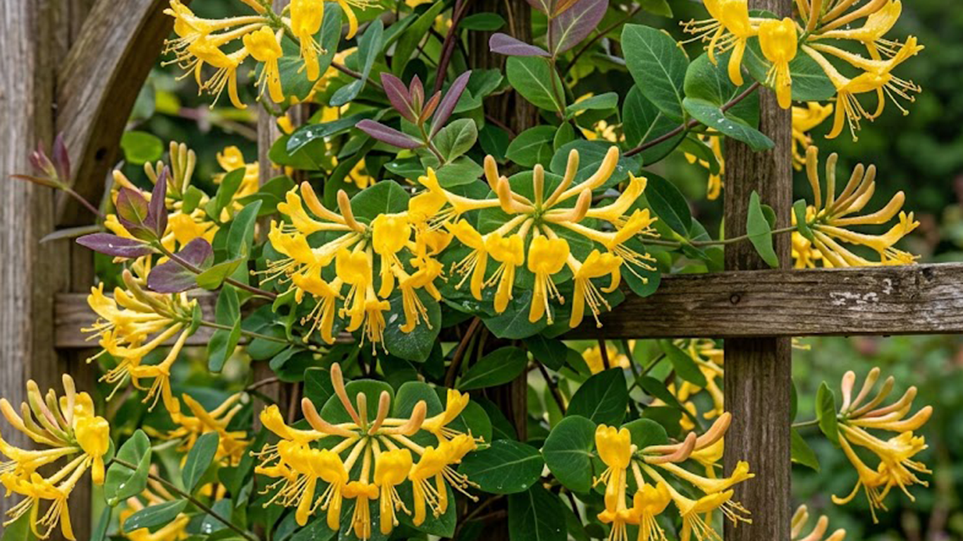 Yellow Honeysuckle plants climbing a wooden garden trellis
