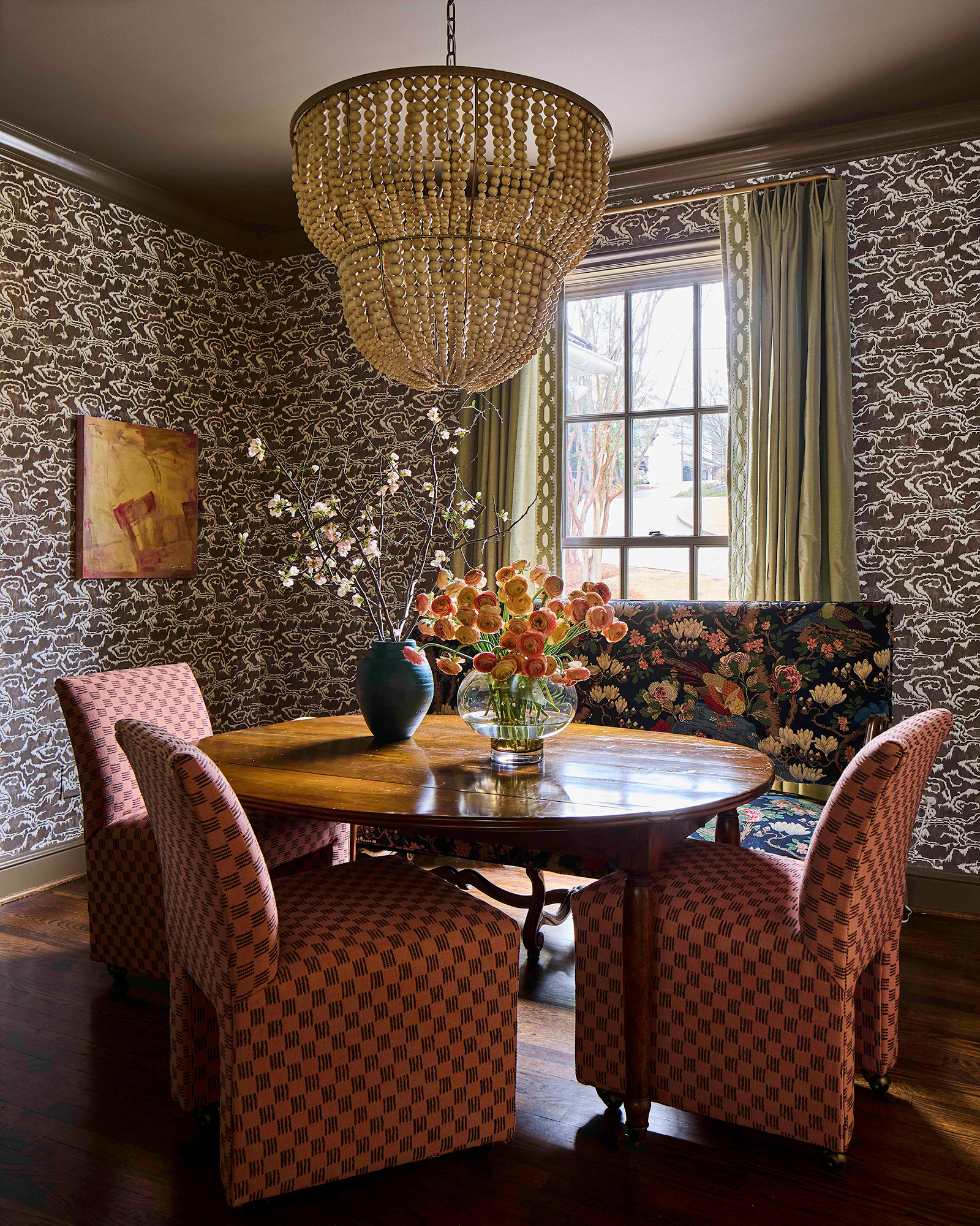 Kelly Neely designed breakfast nook with bold Kravet wallpaper and Lee Jofa window treatments in soft brown, blue, and green tones.