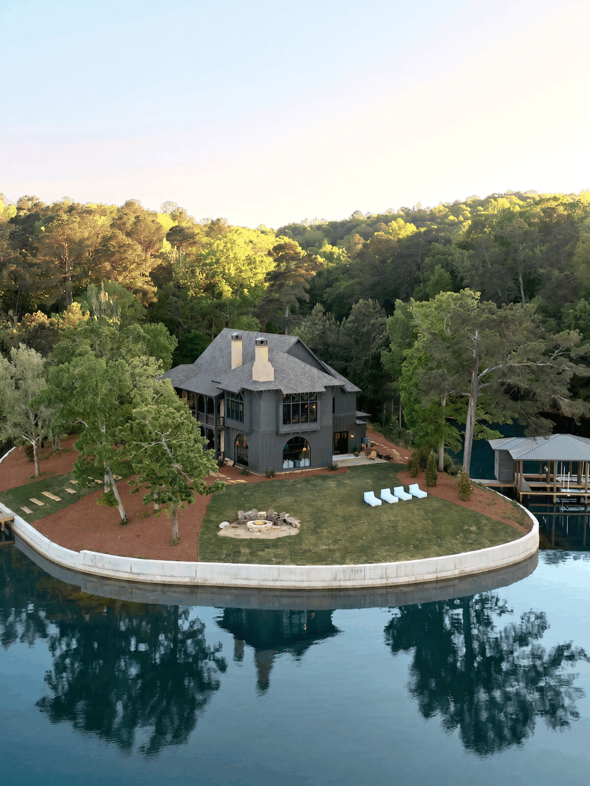 Benjamin Moore's Dragon's Breath gives this Lake Martin home's exterior a sophisticated presence.